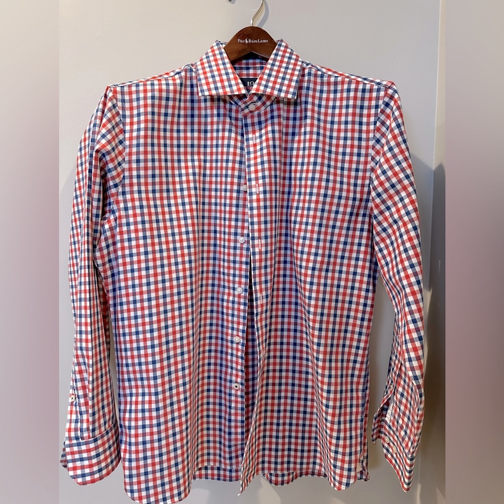 1901 Checkered blue and reddish orange long sleeves shirt.